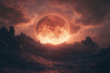 A volcanic desert landscape at dusk with a large, red moon in the sky.