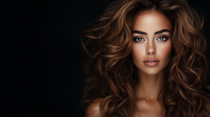 Fototapeta premium A stunning woman with voluminous, wavy brown hair against a dark background, looking confident and elegant.