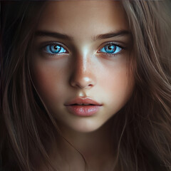 Fototapeta premium a girl with expressive blue eyes. She looks straight into the camera, her face has a natural beauty and a light, delicate texture. 