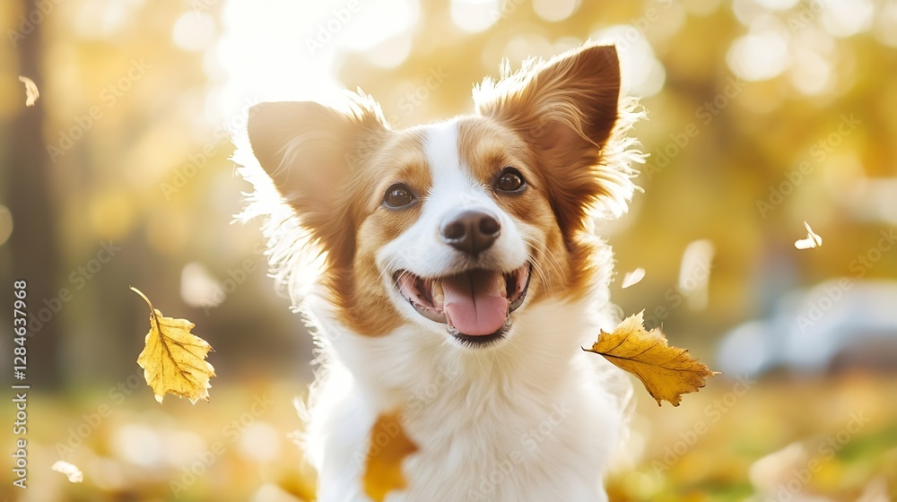 Poster A playful dog with a joyful expression surrounded by autumn leaves in warm sunlight : Generative AI