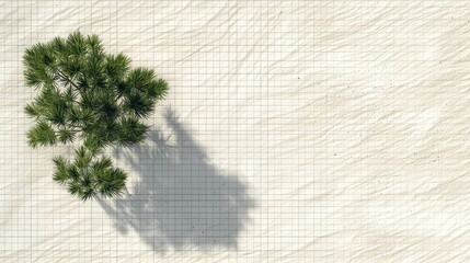 Overhead view of a pine tree casting a shadow on a textured, gridded surface
