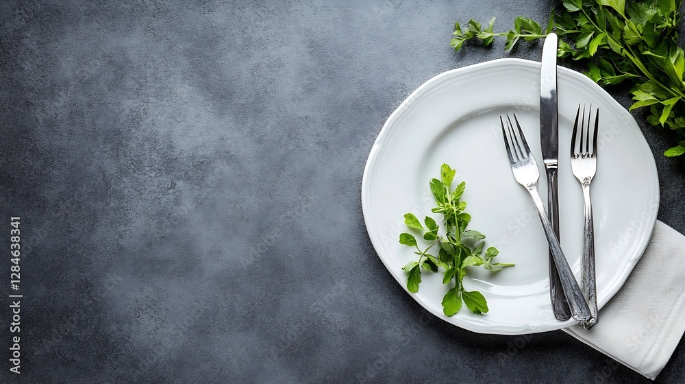 Poster minimalist table setting with fresh herbs on a plate showcasing the art of healthy dining : generati