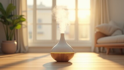 Air Freshener, Close-up front view of a modern air freshener diffuser in a sunlit minimalist living room emitting mist. Rendered in 8K 