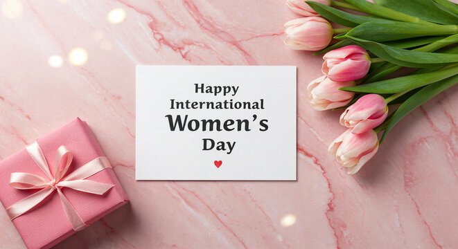 Happy International Women's Day 2025 theme -March 8 greeting card on pink marble background with pink gift and tulips.
