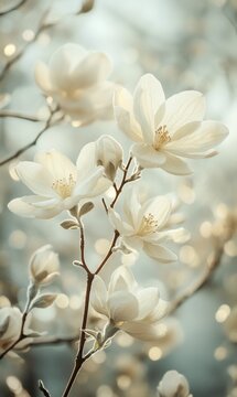 Fototapeta Delicate magnolia blossoms in spring garden, bokeh background