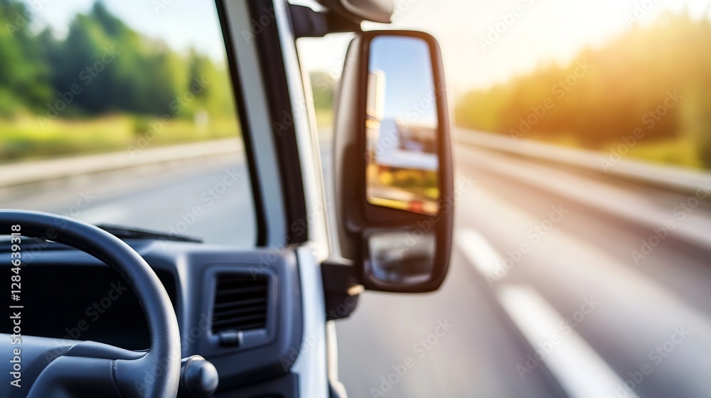 Aufkleber driver's view from a commercial vehicle on a scenic highway during sunset hours : generative ai