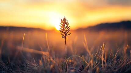 Naklejka premium Single grass blade standing tall against a stunning sunset in a serene landscape setting : Generative AI