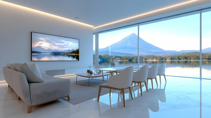Fototapeta premium Modern minimalist living room features a grey sofa and chairs facing a large window with a scenic view of Mount Fuji over a lake during the day.
