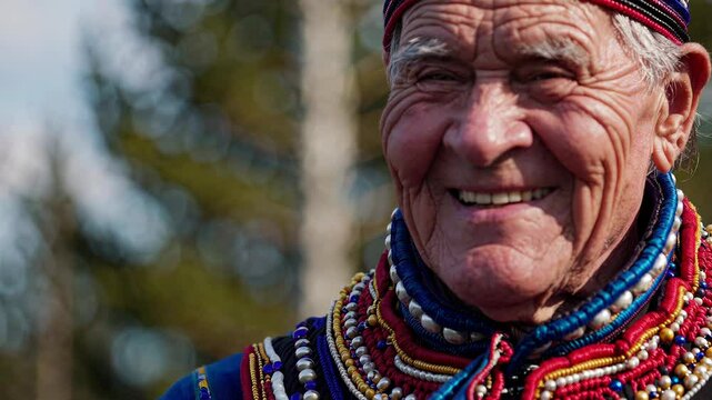 Elderly S&aacute;mi man smiling in traditional colorful outfit outdoors, perfect for themes of heritage, wisdom and indigenous culture.