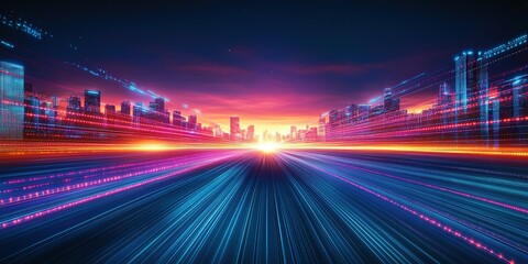 Obraz premium Vibrant city skyline illuminated by dynamic light trails at sunset with a futuristic feel