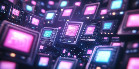 Vibrant retro computers floating in a digital space