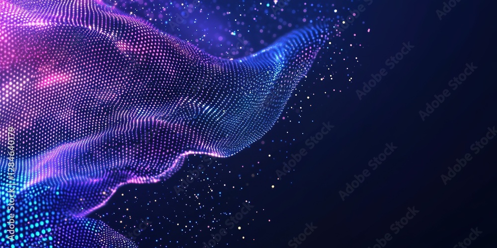 Poster colorful digital wave pattern with glowing particles in dark background creating a mesmerizing visua