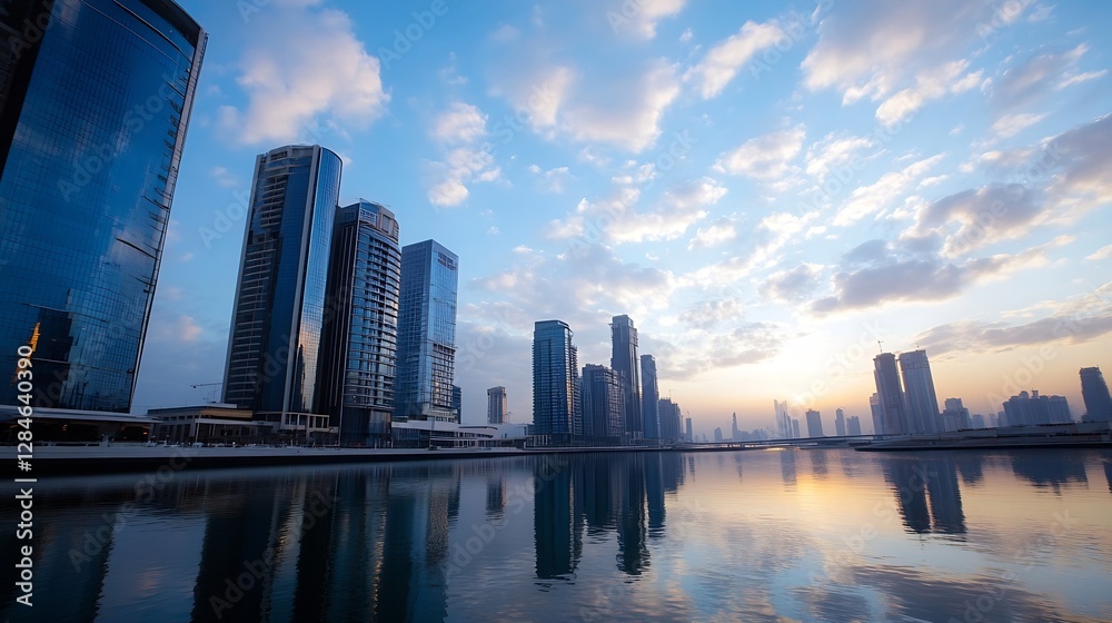 Poster futuristic cityscape at dawn with sleek skyscrapers reflecting on calm waters creating a glowing amb