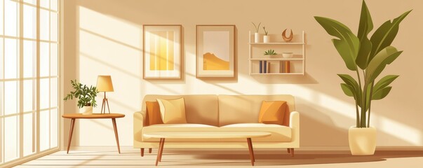 Cozy sunlit living room with modern decor and indoor plants in warm neutral tones