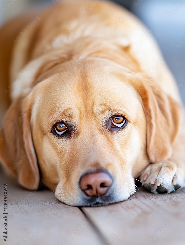 Poster expression of a gentle and affectionate golden retriever laying down with soulful eyes on a wooden f