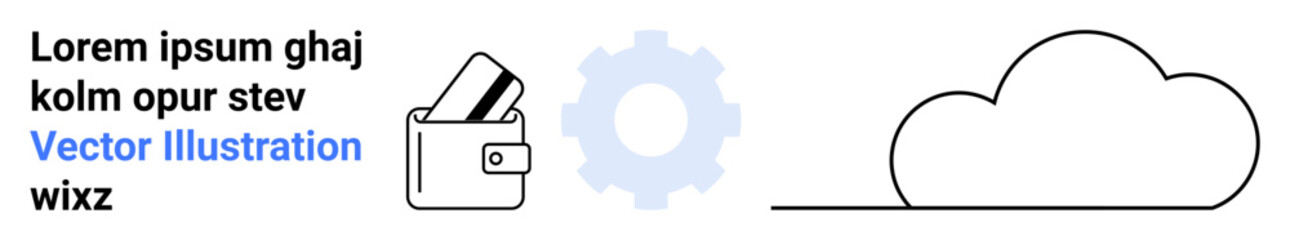 Wallet holding credit cards, a gear icon, and a cloud symbol next to placeholder text. Ideal for payments, financial services, IT solutions, data storage, technology, cloud computing and security