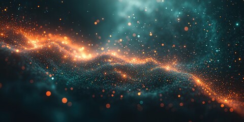 Vibrant cosmic particles create a stunning display of light and colors in a galactic landscape