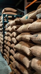 A warehouse filled with neatly stacked burlap sacks containing grains, showcasing a storage facility for agricultural products.