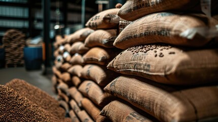 A warehouse filled with neatly stacked burlap sacks containing grains, showcasing a storage facility for agricultural products.