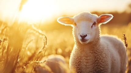 Fototapeta premium Adorable sheep standing in a golden sunlit field during a warm summer evening : Generative AI