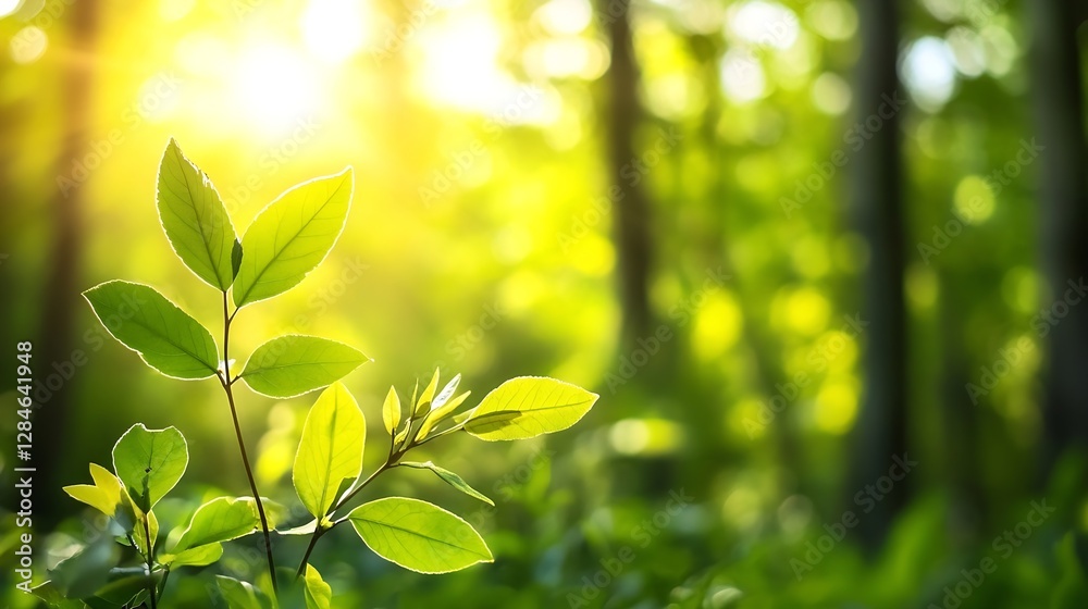 Poster beautiful close up of fresh green leaves glowing in sunlight in a vibrant forest setting : generativ