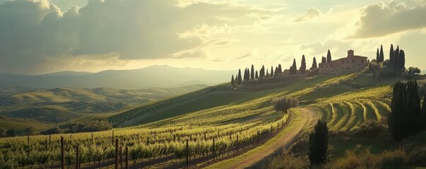 Scenic tuscan landscape with rolling hills and farmhouse at sunset