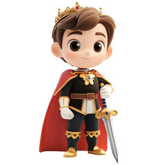 A Dashing 3D Cartoon Prince in Royal Attire Holding a King Isolated on Transparent Background