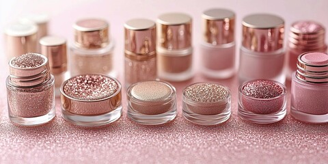 Sparkling collection of pink cosmetic containers arranged on a soft pink surface showcasing various makeup products