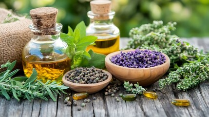 Natural essential oils in bottles along with dried herbs showcasing aromatic ingredients for wellness : Generative AI