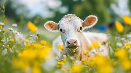 Obraz premium Close up of a curious young cow standing in a vibrant meadow filled with colorful flowers : Generative AI