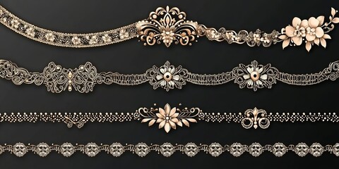 Fototapeta premium Elegant collection of decorative gold and silver jewelry showcasing intricate designs and floral patterns for fashion enthusiasts