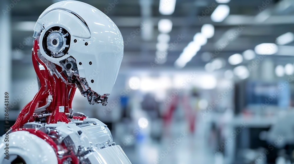 Poster futuristic humanoid robot with intricate mechanical details showcased in a modern industrial setting