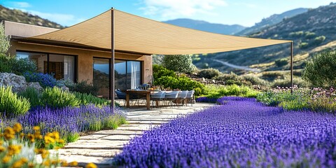 Beautiful outdoor dining area with lavender and landscaping amid mountains in sunny weather
