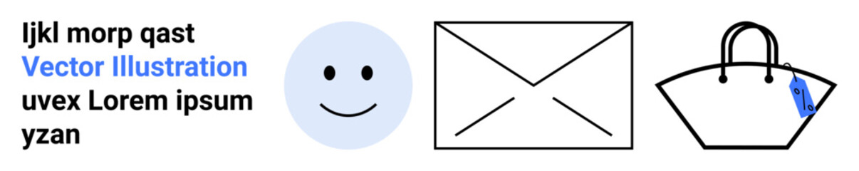 Smile face, outlined envelope, and handbag with tag combining aesthetics and simplicity. Ideal for communication, shopping, fashion, lifestyle, branding, email web flat landing page banner