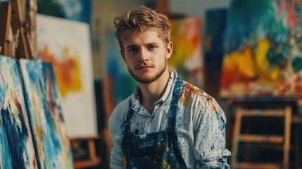 Portrait of a young European male artist in a vibrant studio filled with colorful paintings, showcasing his creativity and passion for art.