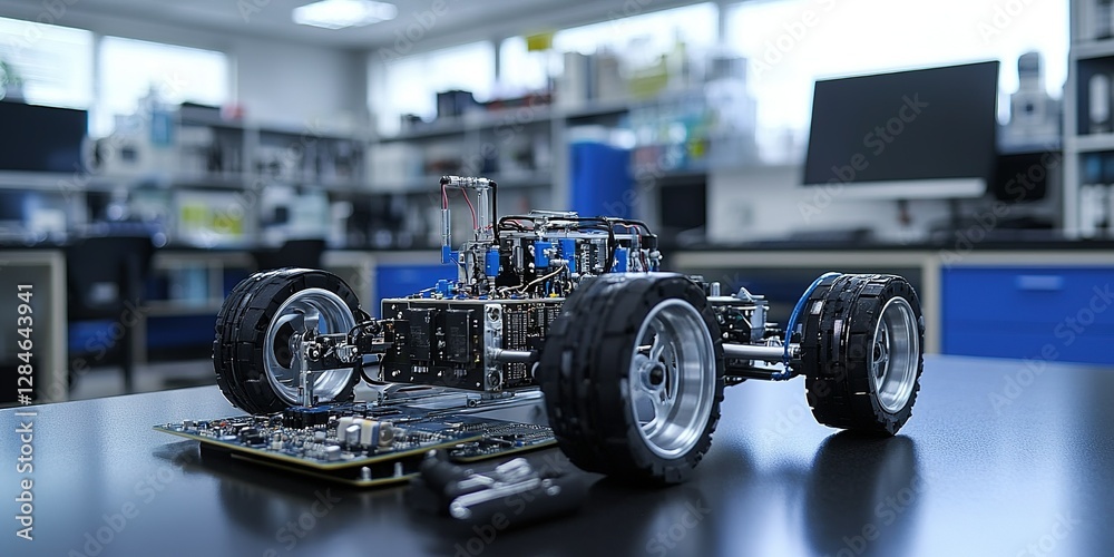 Poster innovative robotic vehicle prototype displayed in a modern laboratory environment for testing and de