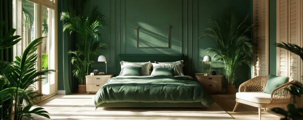 Fototapeta premium Luxurious green bedroom with elegant decor and abundant plants