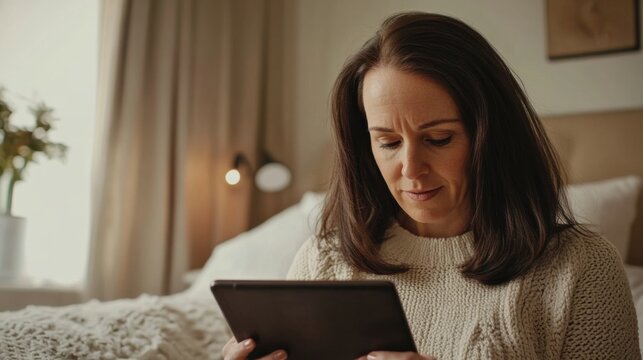 A woman with thinning hair researching natural remedies for hair growth on a tablet in her cozy bedroom. Featuring hope and discovery