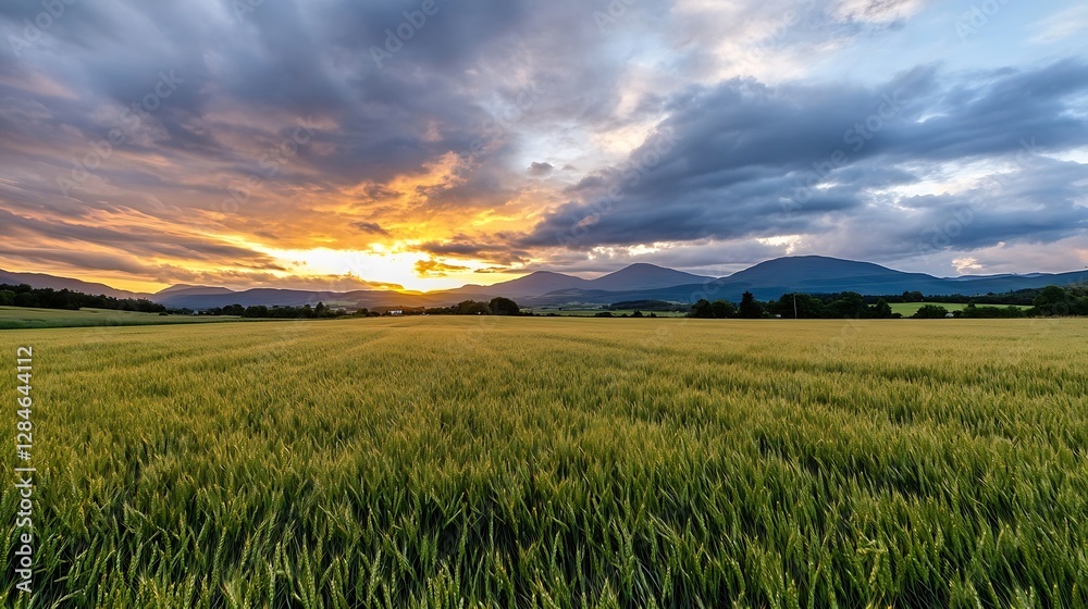 Poster expansive landscape with golden wheat fields and dramatic sunset sky inviting tranquility : generati