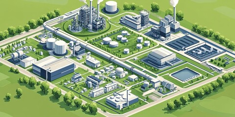 Industrial facility with storage tanks, pipelines, and processing units in a green landscape during daylight