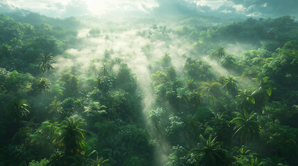 Fototapeta premium Rainy forest. Jungle forest in fog