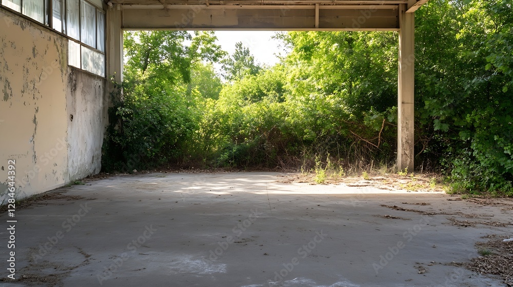 Aufkleber Abandoned and overgrown indoor space with a view of lush greenery through the open doorway : Generative AI