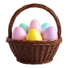 3D Cartoon Easter Basket with Pastel-Colored Eggs - Ideal for Easter Promotions and Spring Illustrations