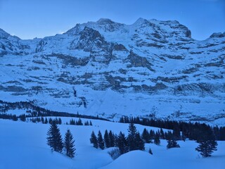 A stunning snow-covered mountain range towers over a serene winter landscape. Evergreen trees dot...