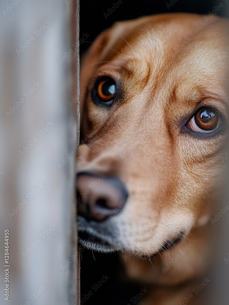 Poster closeup of a golden brown dog looking thoughtfully with expressive eyes against a blurred background