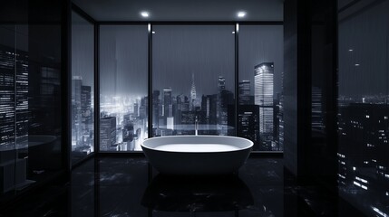  A sleek and modern luxury bathroom in a high-rise apartment, featuring a minimalist freestanding bathtub with a breathtaking nighttime city skyline view through floor-to-ceiling glass windows, exudin
