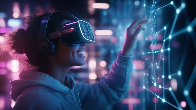 In a neon-lit cyber space, a joyful woman with a VR headset reaches out to touch a floating holographic interface. The background glows with futuristic visuals, symbolizing the exc