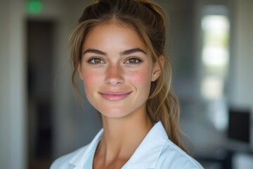 Fototapeta premium A young woman with freckles and light brown hair smiles warmly, wearing a white lab coat.