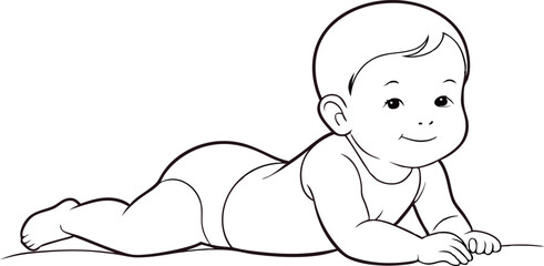Line Art of Baby Lying on Stomach, Lifting Head - Vector Design
