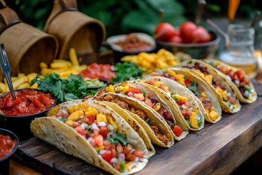Delicious tacos with various fillings, toppings, and sides on a rustic wooden board.